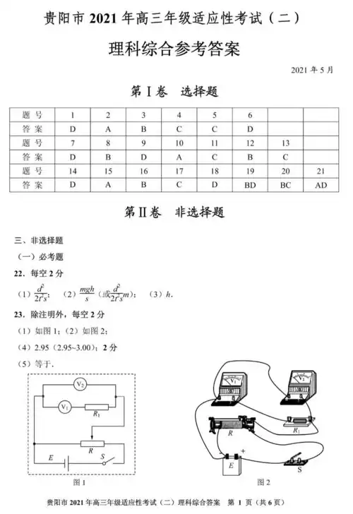 贵阳市2021年高三年级适应性考试二参考答案