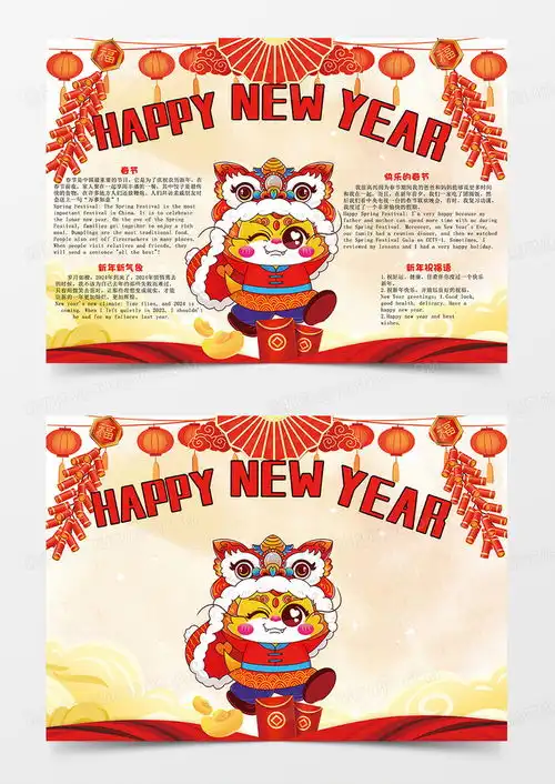 新年英语小报2023年兔年元旦春节中英文电子手抄报模板设计图片下载psd格式素材熊猫办公