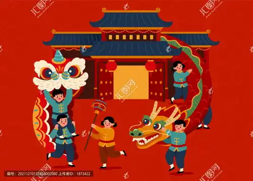 新春庙会舞龙舞狮手绘插画素材设计模板下载素材下的设计模板