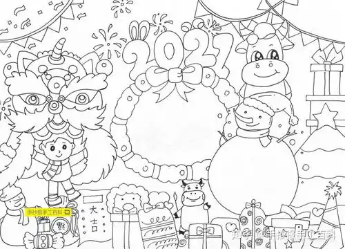2021年新年元旦节手抄报线稿模板可打印