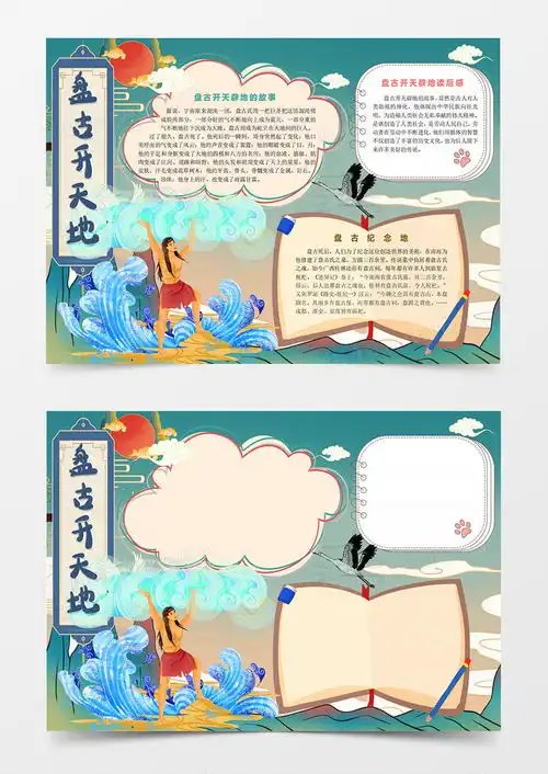 蓝色卡通复古古风中国风国潮中国神话故事盘古开天辟地手抄报小报模版word模板下载熊猫办公