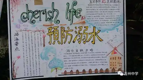 珍爱生命预防溺水让生命之花绚丽绽放万州中学开展防溺水手抄报比赛