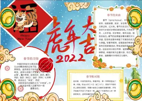 春节快乐手抄报红色喜庆虎年新年快乐中国传统节日民间习俗知识学生小报模板下载