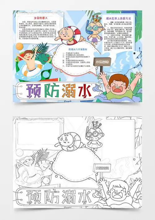 卡通夏季预防溺水手抄报word模板下载溺水