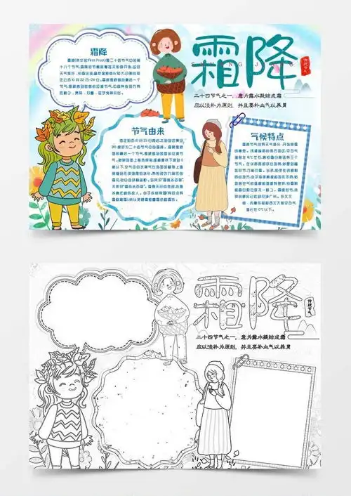 卡通霜降节气知识小报手抄报模版word模板下载熊猫办公