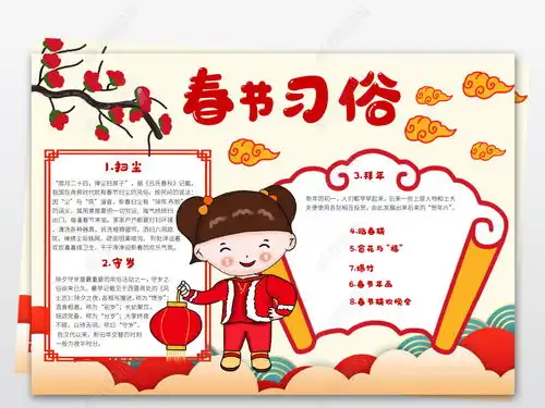 2020年春节习俗小报鼠年新年元旦寒假生活年俗手抄报小报图片模板下载