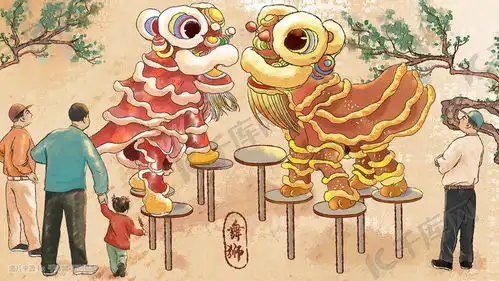 新年春节牛年舞狮手绘海报插画图片千库网