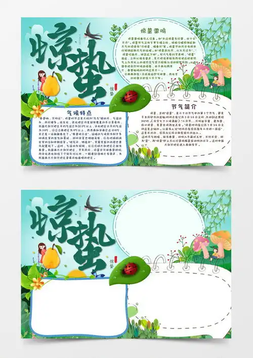 小清新卡通二十四节气惊蛰小报手抄报word模板下载熊猫办公